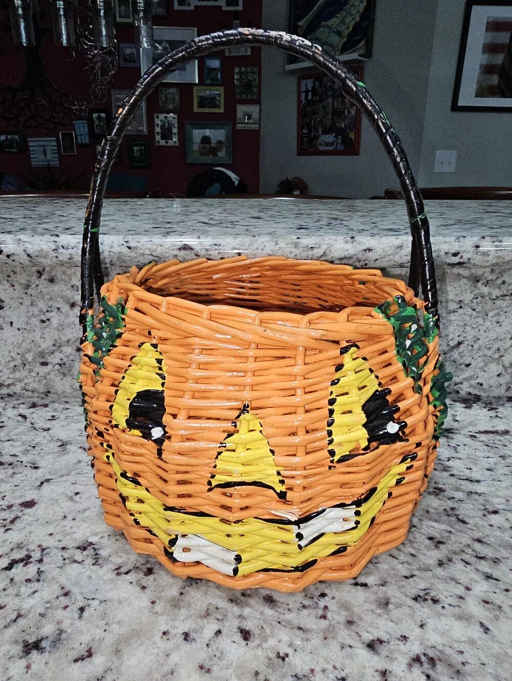 Hand Painted Pumpkin Jack-O-Lantern Basket Spider & Leaves